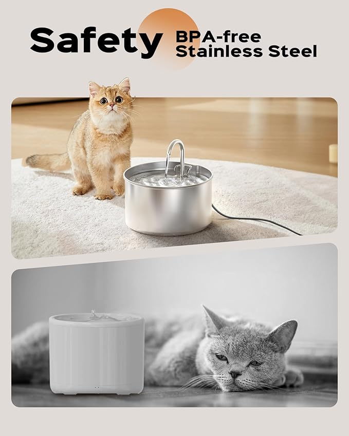 AOOGITF Cat Water Fountain + 6 Filters + 3 Sponges, 304 Stainless Steel Pet Water Fountain, 24 Hours Keep The Water Clean, 74oz Capacity, Ultra-Quiet, No Sputter, Compact, Easy Cleaning