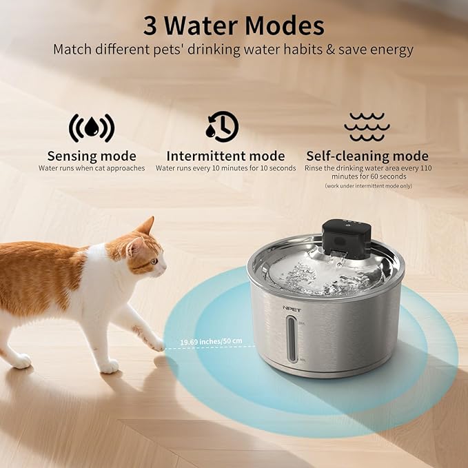 NPET Stainless Steel Wireless Cat Fountain, 1Gallon/135oz Battery Operated Automatic Pet Drinking Fountain - Cordless Dog Water Dispenser with Water Level Window for Cats Indoor
