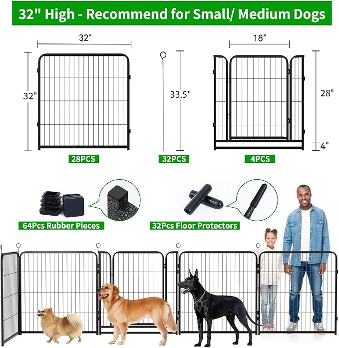 Dog Playpen Outdoor Extra Wide 8 Piece Panels Heavy Duty Dog Fence 32" Height Anti-Rust with Doors Portable for RV Camping Yard, Total 21FT, 35 Sq.ft, Snowy Black