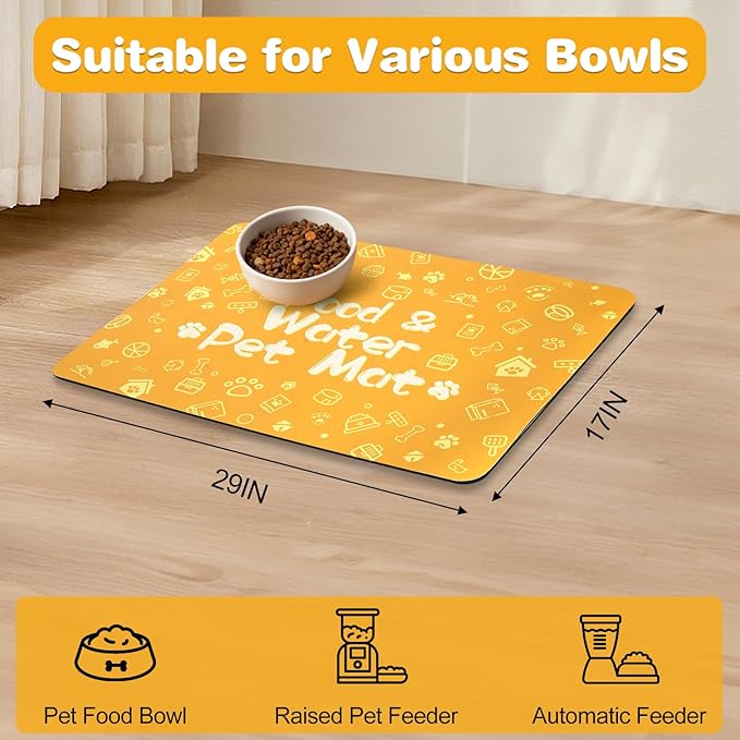 Pet Feeding Mat,Dog Cat Mat for Food and Water,Dog Bowl Waterproof Placemat with Rubber Backing,Absorbent Quick Dry Water Dispenser Mat for Pet(Orange 17"×29")
