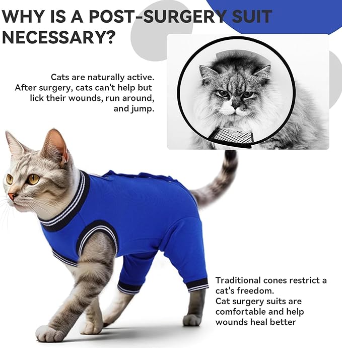 T'CHAQUE Cat Surgery Recovery Suit for Female Male, Cat Onesie Pet Surgical Pajamas Hind Legs Long Sleeve, Abdominal Wound Skin Diseases, E-Collar Alternative, Spay/Neuter Recovery Suit, RoyalBlue-M
