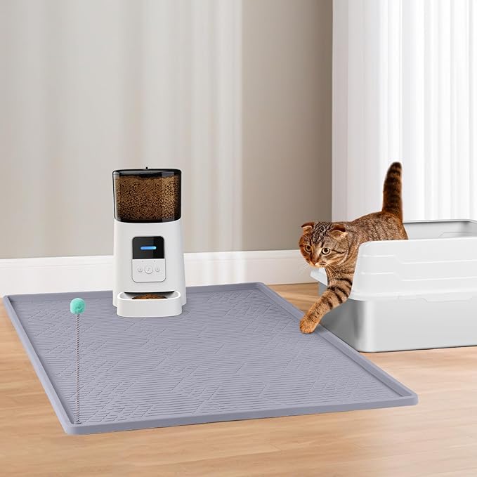 Bartuke Large Cat Litter Mat with Toy Ball, 38'' x 25'' Silicone Cat Litter Trapping Mat for Scatter Control, Soft on Kitty Paws, Easy to Clean (Light Grey)