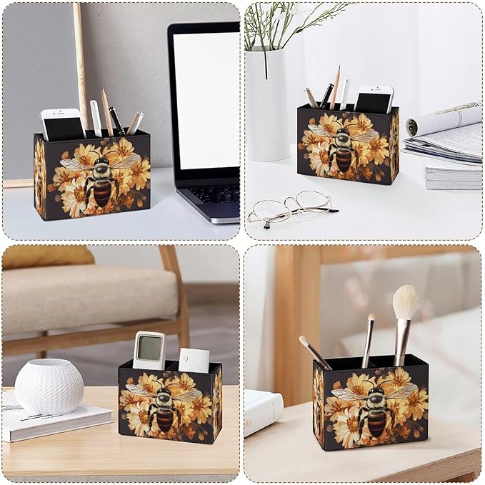 Famame Bee Yellow Wild Flowers Pencil Holder for Desk, Leather Desktop Container Pen Cup Storage Study Table Pen Organizer Makeup Brush Holder for Classroom Office Home