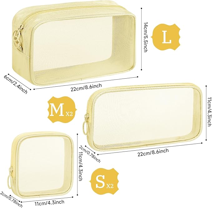 5 Pieces Mini Zipper Nylon Mesh Pouch, Mesh Cosmetic Bags Makeup Bags, Multipurpose Travel Toiletry Bags for Office Supplies and Travel Accessories (Beige, Assorted Sizes)