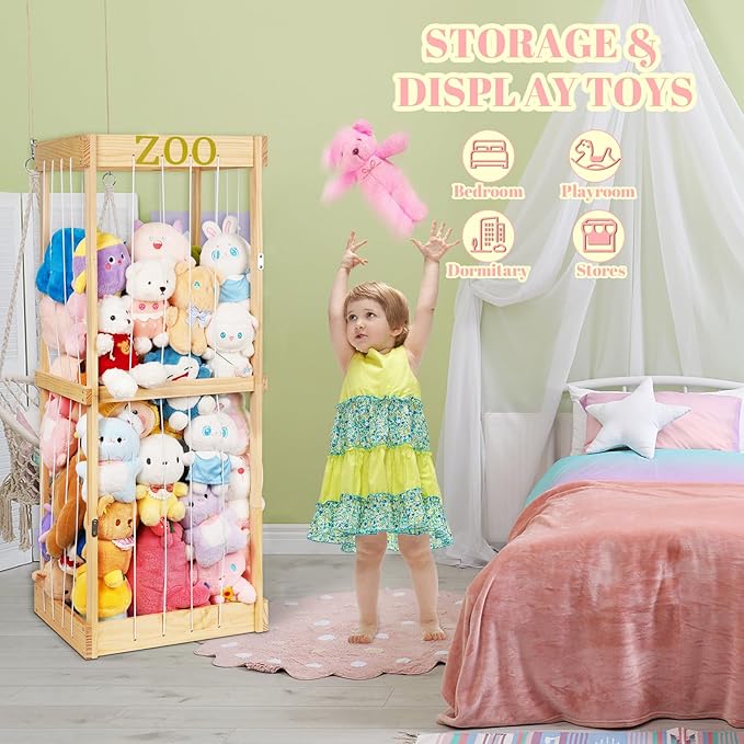 Trycooling Stuffed Animal Zoo Stuffed Animal Storage Wood Plushie Storage Stuffed Animals Zoo Storage Cage with Zoo Pattern Elastic Band for Nursery Play Room Bedroom (Wood) | Stuffed Animal Zoo, Plushie Storage, Zoo Pattern, Elastic Band