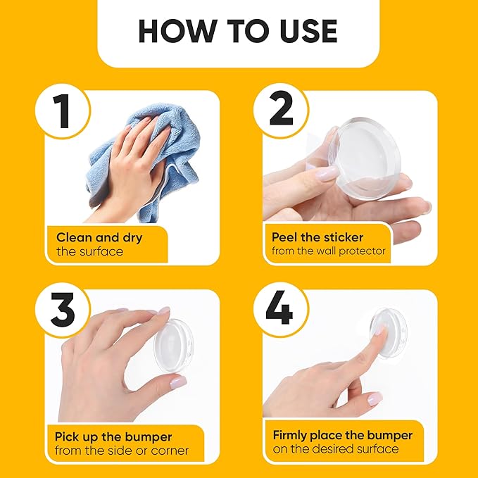 Clear Wall Door Handle Stopper - 4 Pcs of Clear Rubber Knob, Self Adhesive, Guard Door Bumper Reusable Solution for Stopping Damage & Noise in Your Home or Office, Durable, Shock Absorbent Discreet