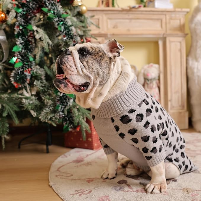 ROZKITCH Winter Dog Sweater for Small Medium Breeds, Leopard Print Thick Knitted Turtleneck Pullover, Soft Warm Coat for Labrador German Shepherd and Boxer Dogs Grey M
