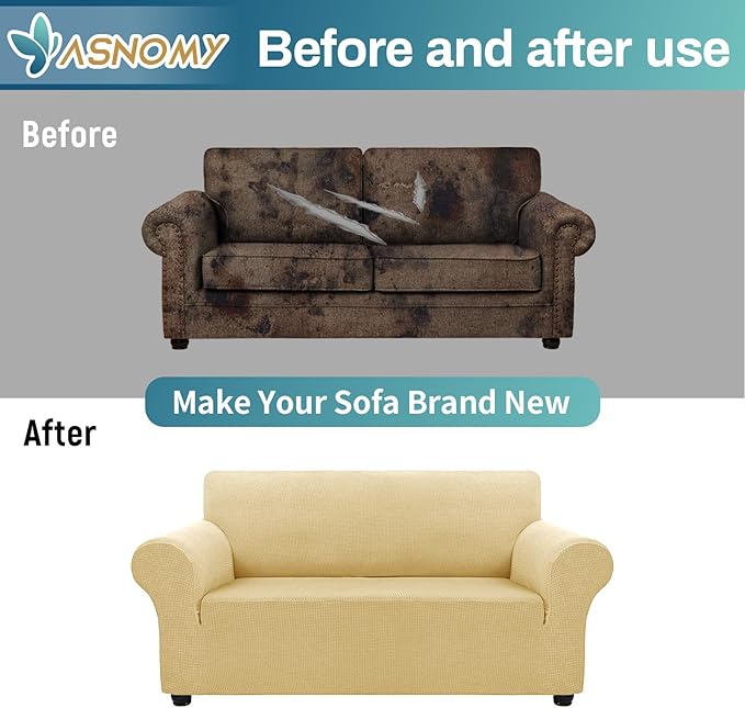 Asnomy Sofa Covers for 2 Cushion Couch Stretch loveseat Covers Slipcovers, Pet Protector Furniture Covers for Dogs Cats Spandex Jacquard Fabric Small Checks (Medium,Champagne)