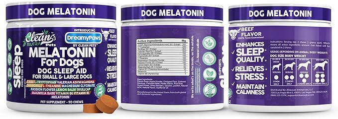 Dreamy Paws Melatonin for Dogs Dog Calming Sleep Supplement - Melatonin GABA Tryptophan Valerian Magnolia Bark Passion Flower Magnesium Ashwagandha Restful Sleep 90 Chews Beef Flavor by Clean Pets