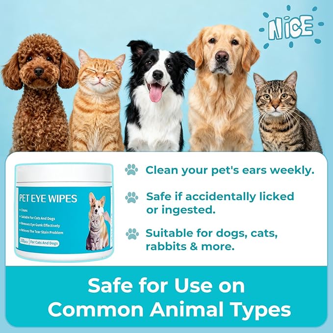 Falatong Gentle Pet Eye Wipes, Hypoallergenic Tear Stain Remover for Cats and Dogs, 100 Count Unscented Cleaning Pads with Adequate Fluid Content