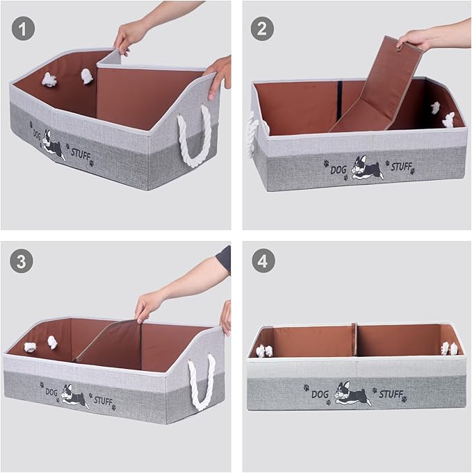 kiviron Large Dog Toy Basket with Handles, 28.5" Collapsible Multi-Purpose Hard Board Dog Toy box, Clothes, Dog toy storage (Gray,Coffee)