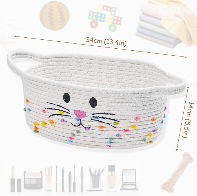 Small Woven Baskets for Organizing Rope with Handle Cute Cotton Basket for Nursery Gift Dog Cat Toy Storage Basket for Toy Organizer-White