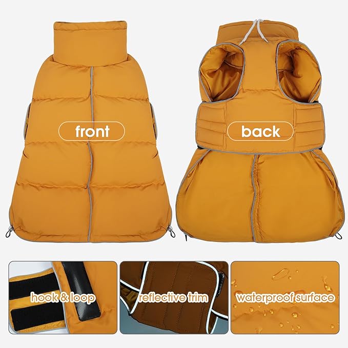FUAMEY Dog Puffer Jacket for Large Dogs,Dog Cold Weather Coats Winter Dogs Down Jackets Waterproof Pet Snowsuits Warm Puppy Winter Vest Turtleneck Pets Adjustable Jackets Coats Mustard Yellow XL