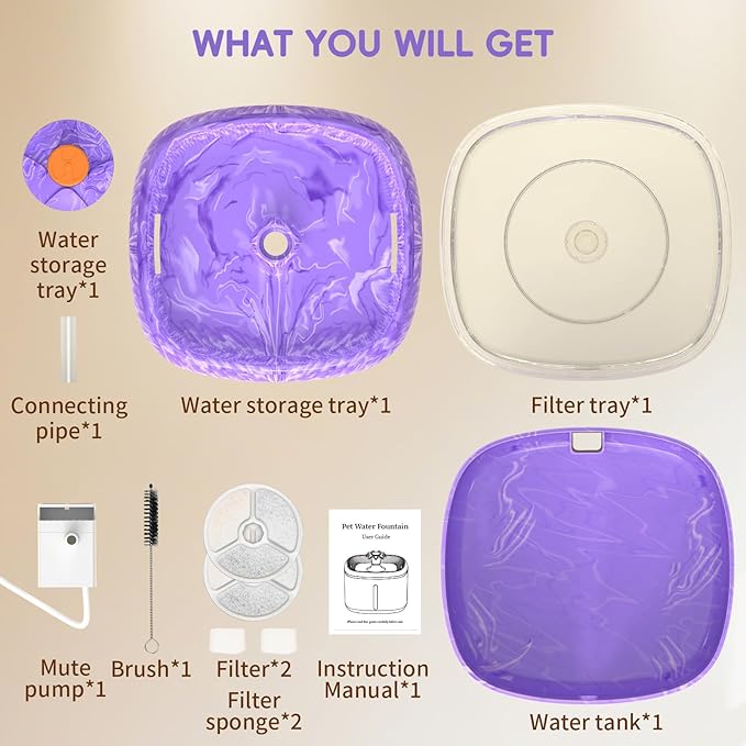 84oz/2.5L Automatic Cat Water Fountain, Quiet Circulating Pet Water Dispenser with 2 Replacement Filters & Triple Filtration System - for Cats, Dogs, Multiple Pets, Indoor Use (Camouflage Purple)
