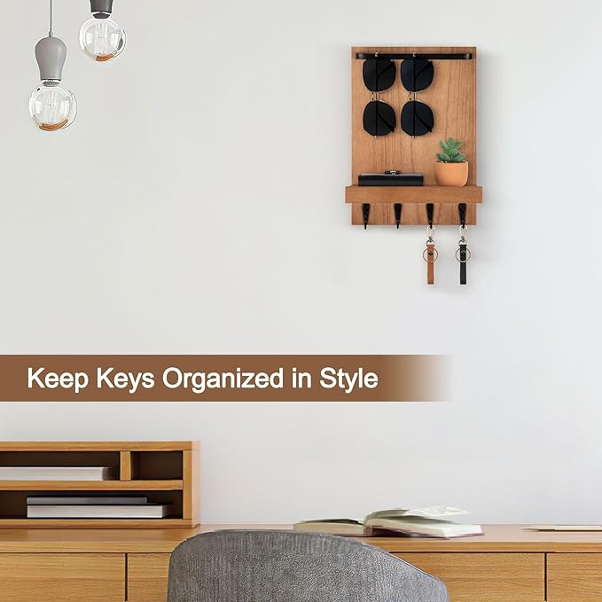 Lucundm Key Holder Wall Mount, Key Holder for Wall with 4 Hooks, Farmhouse Key Hanger Holds Dog Leash, Sunglasses – Decorative Mail Organizer Home Decor (Wood)