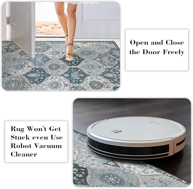 Lahome Moroccan Washable Round Area Rug, Soft Vintage Round Rugs 6ft Ultra-Thin Non-Slip, Distress Large Circle Carpet for Dining Room Living Room Bedroom Elise, Blue