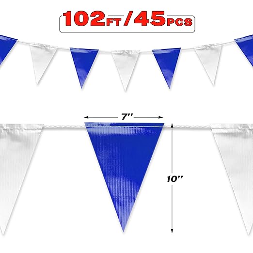 Blue & White Pennant Banner Flags | OSHA 500lb Rated | Strand Fade Resistant 【102FT】