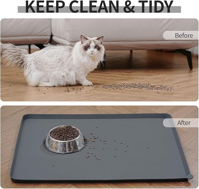 Reopet Waterproof Pet Feeding Mat with High Raised Edges, Heavier and Thicker Placemats for Cat Dog Water Bowl with BPA Free, Dogs Cats Food Mats for Messy Drinkers to Prevent Spill and Protect Floors