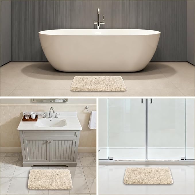 Beige Bathroom Rugs 17"x24" - High-Density Microfiber Bath Mat, Fluffy Non Slip Absorbent and Washable Bathroom Mat - Ideal for Small Spaces, Vanity, Toilet, or Pet Mat