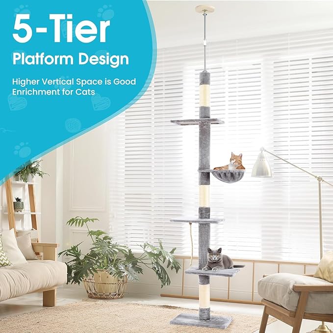 Cat Tree 5-Tier Floor to Ceiling Cat Tower with Cozy Hammock, 89-109 Inch Adjustable Height, Sisal Cat Scratching Post Provide Cats Vertical Enrichment to Jump and Climb, Gery