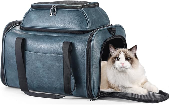 Bosnanller Premium Leather Top Expandable Pet Carrier for Small Dogs & Cats Under 15 lbs, Airline Approved Collapsible Soft-Sided Luxury Travel Bag Blue
