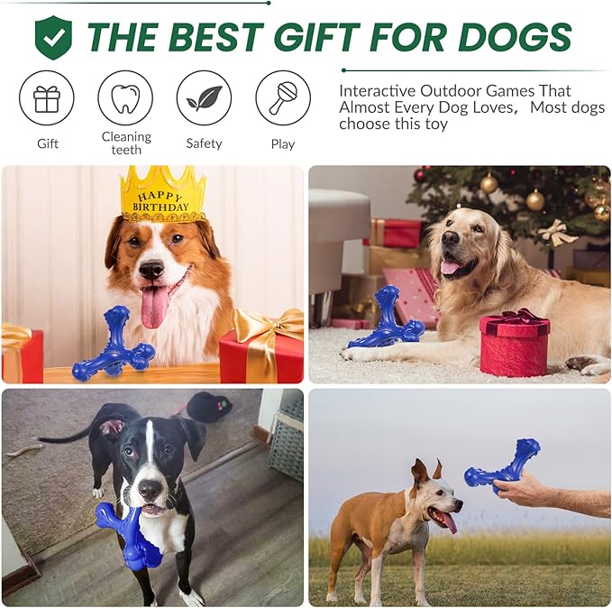 CVALIN Dog Chew Toys for Aggressive Chewers Large Breed,Indestructible Bones Toy,Durable Cleaning Toothbrush Natural Rubber Dog Toys… (Deep Blue)