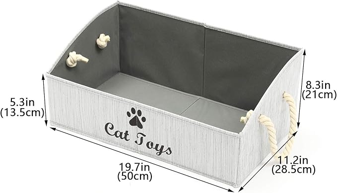 Geyecete Large cat Toys Storage Bins - Foldable Fabric Trapezoid Organizer Boxes with Weave Rope Handle, Collapsible Basket for Shelves,cat Toys,cat Apparel & Accessories(Gray-CAT)