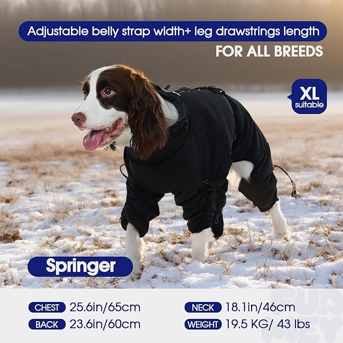 FUAMEY Full Body Dog Coat,Warm Dog Fleece Jackets with Harness Built in Windproof Dogs Snowsuit Zip up Pet Four Legged Pets Jumpsuit Winter Outfit Cold Weather Coats for Extra Large Dogs Black XXL