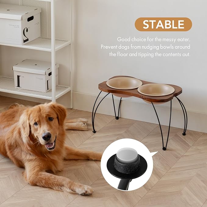 Ceramic 8.7-inch Raised Double-Bowl Set with Non-Slip Stand, 4 Cup Food or 37 oz Water Dishes for Large Dogs, Wide Opening with Rounded Edges(Oat Beige)