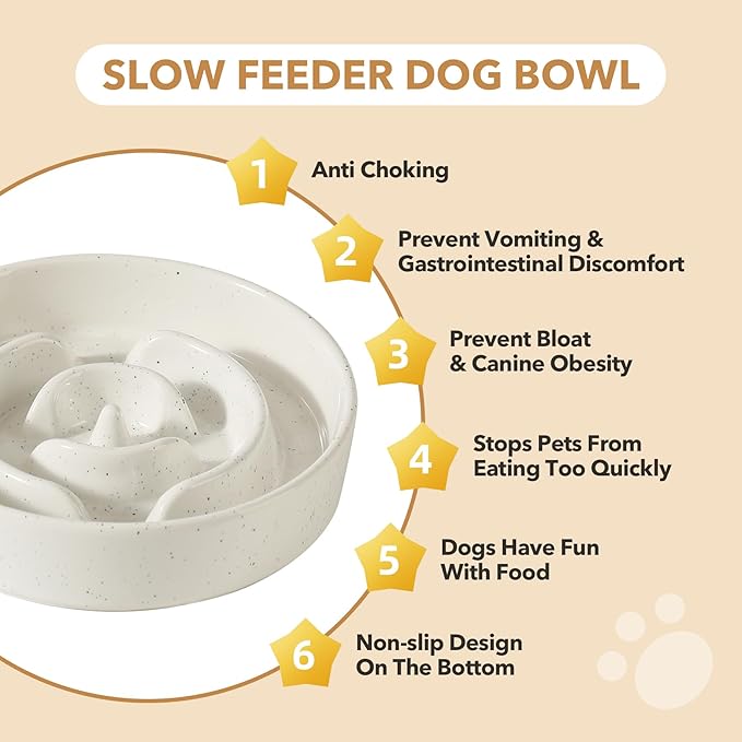 Ceramic 1.6 Cup Dog Bowl Slow Feeder for Large and Medium Dog, 8.2inch Pet Slow Dish, Stop Bloat, Preventing Choking(Single Bowl, Vanilla White)
