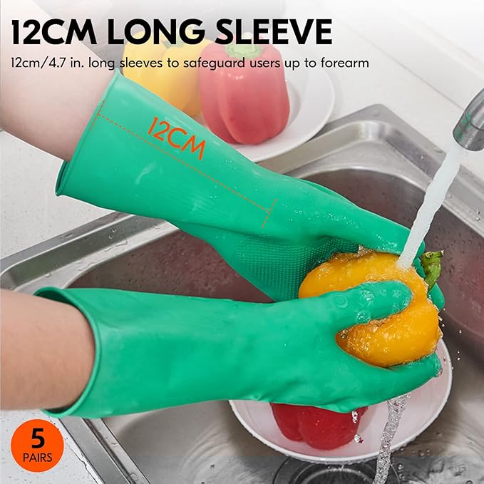 Vgo... 5-Pairs Reusable Household Gloves, Rubber Dishwashing gloves, Extra Thickness, Long Sleeves, Kitchen Cleaning, Working, Painting, Gardening, Pet Care (Size XL, Green, HH4601)