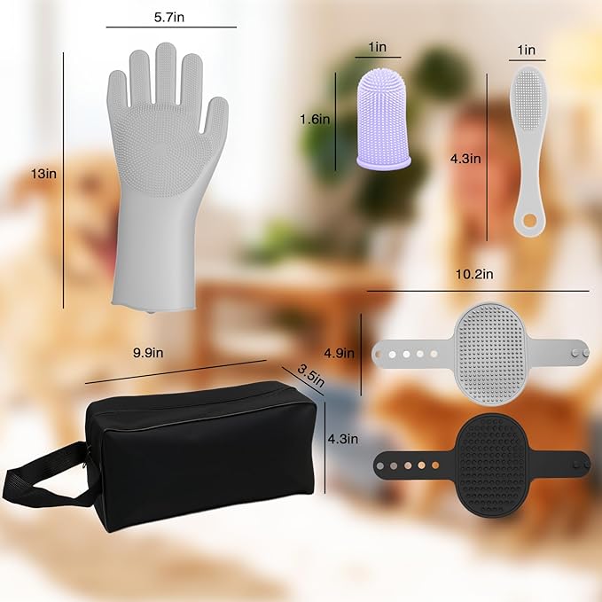 MIYIJHY 7-Piece Pet Grooming Kit with Storage Bag | Portable Bathing Set for Dogs & Cats | Includes Silicone Gloves, Deshedding Brushes & Finger Toothbrushes | All-in-One Pet Care (Gray)
