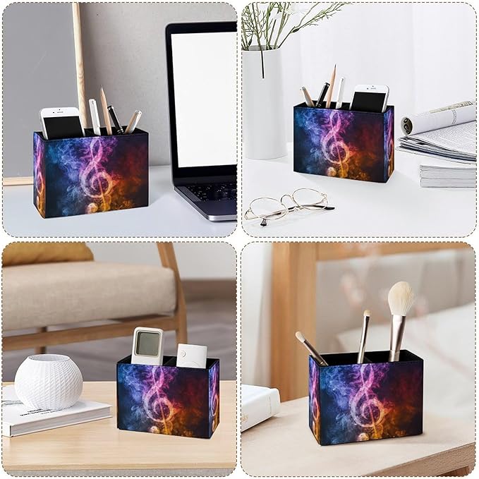 Famame Abstract Music Clef Pencil Holder for Desk, Leather Desktop Container Pen Cup Storage Study Table Pen Organizer Makeup Brush Holder for Classroom Office Home
