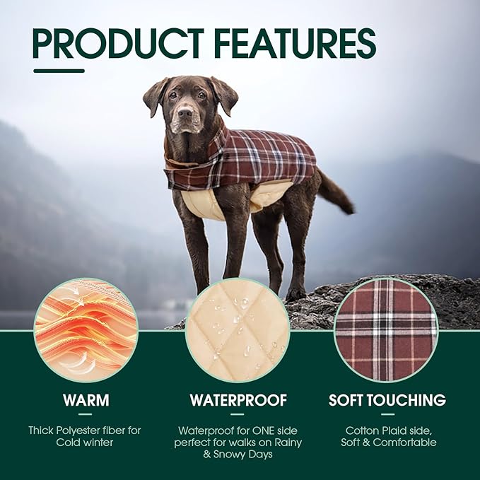 Kuoser Waterproof Dog Coat, Reversible Dog Jacket for Large Dogs, Adjustable Durable Doggie Winter Coat for Groowing Puppies Warm Puppy Cold Weather Apparel, Brown L