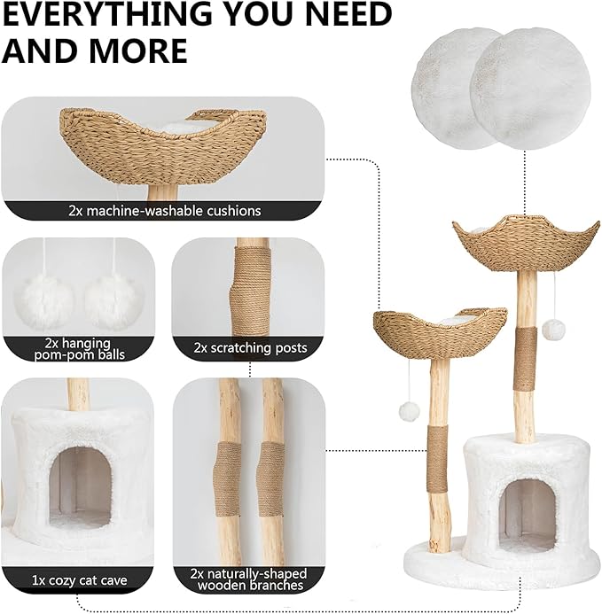Modern Cat Tree for Indoor Cats Large Adult, 46" Tall Wooden Cat Tower for Large Cats with Scratching Post, Luxury Cat Condo, White