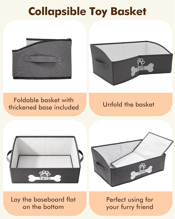 Optish 2 Pack Dog Toy Basket, Foldable Dog Toy Box with Handles, 19.7" X 11" X 7.9" Large Basket Specially Designed for Dog Toy Storage, Suit for Storing Pet Toys and Accessories, Grey