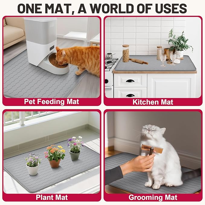 Large Silicone Cat Mat for Litter Box, 34"x22" Waterproof & Urine-Proof Pad with Litter-Trapping Waves, Non-Slip, Easy Clean & Paw-Safe (Black)