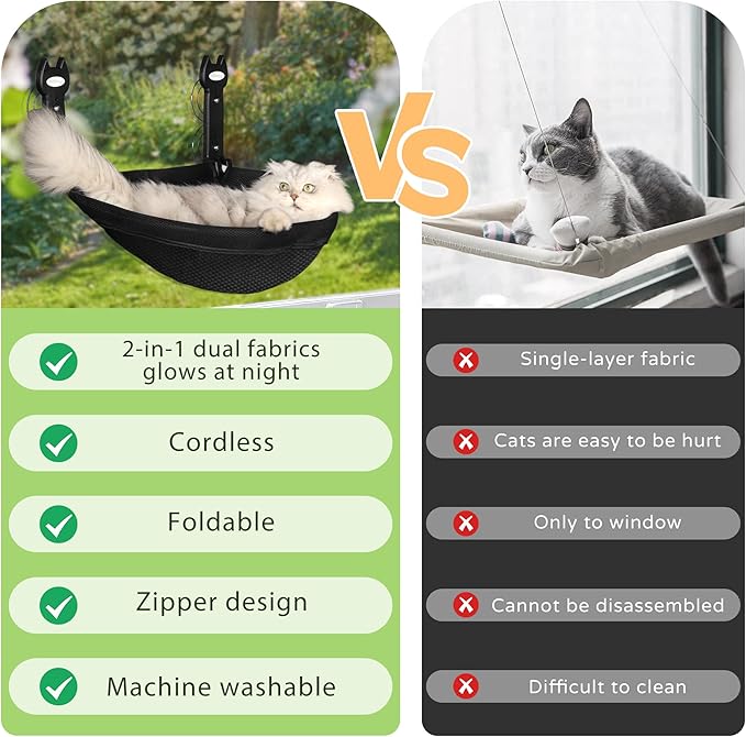 HiPetpy Cat Window Perch, Foldable Cat Hammock with Sunken Design, Breathable Cordless Window Bed with Stud Metal Frame for Large Cats and Kitten (Black Deep Perch, Medium)