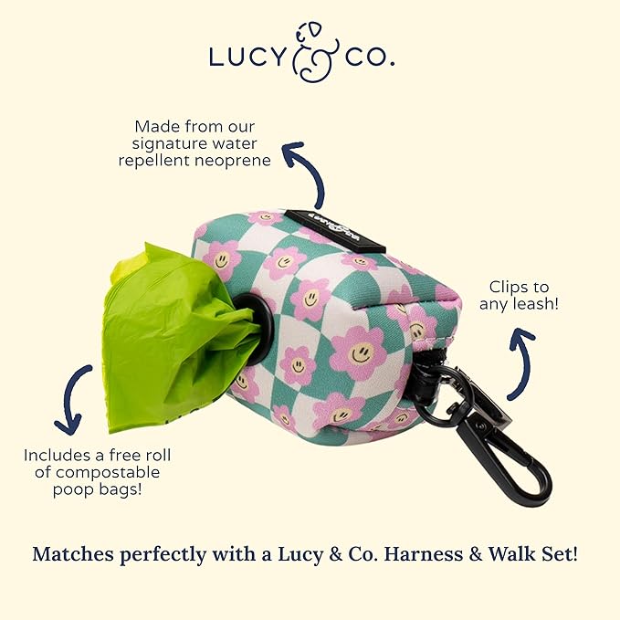 Lucy & Co. Dog Poop Bag Holder - Leak Proof Dispenser with Leash Attachment - Easy Refills - Hygienic Pet Poop Pickup - Green Pink Smiley