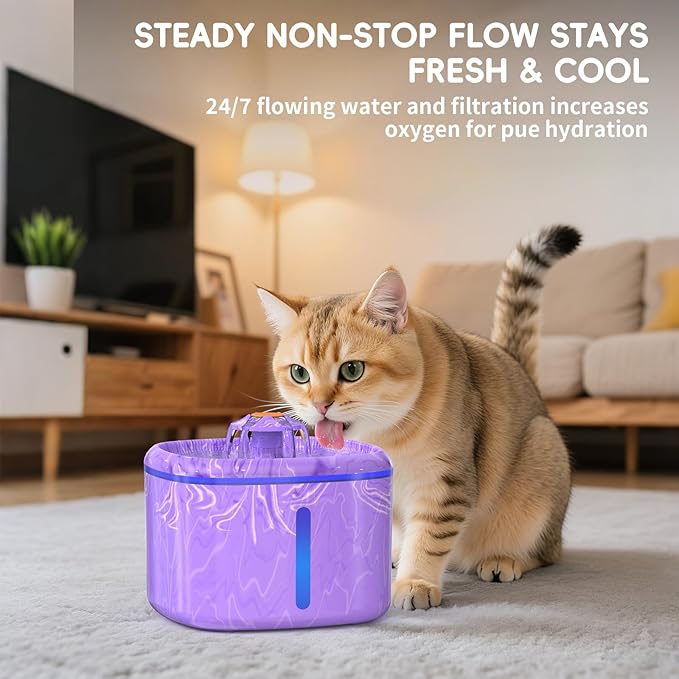 84oz/2.5L Automatic Cat Water Fountain, Quiet Circulating Pet Water Dispenser with 2 Replacement Filters & Triple Filtration System - for Cats, Dogs, Multiple Pets, Indoor Use (Camouflage Purple)