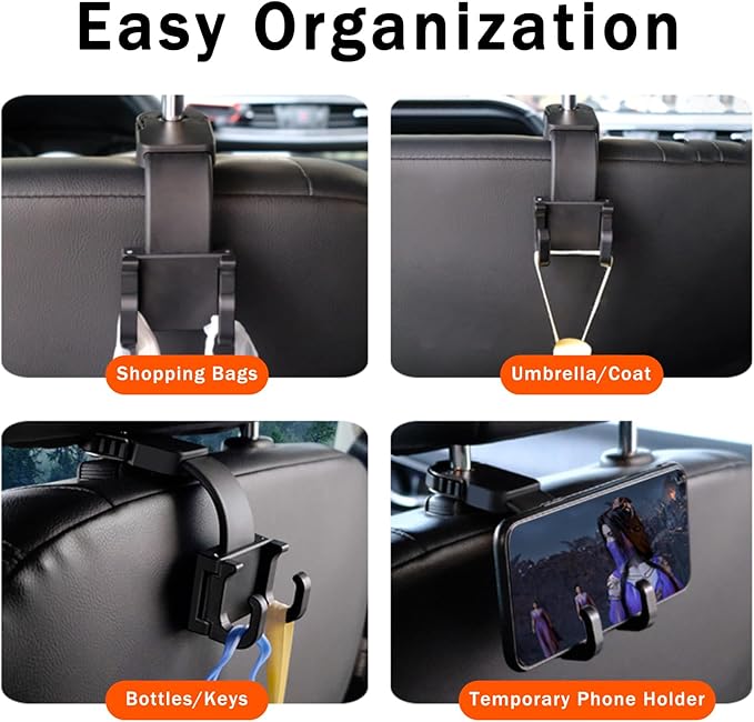 OATSBASF Adjustable Car Seat Headrest Hook, Folding Storage Headrest Hanger, Car Seat Holder Organizer for Purses, Bags, Cloths, Car Water Bottle Hooks Car Seat Assecories-1 Pack, G116, Black