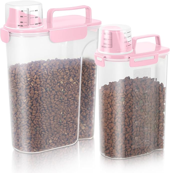 LEAWALK 3+5Lbs 2Pack Small Cat Dog Food Storage Containers BPA Free, Airtight Pet Food Storage Containers with Large Pour Spout/1 Measuring Cup/ 4 Safety Locks and Double-Layer Silicone Strip (Pink)