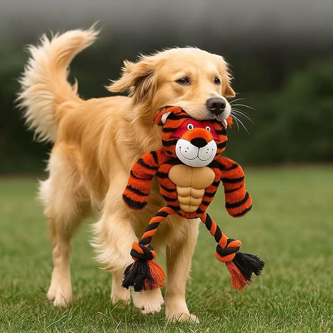 Durable Rope & Plush Dog Toy for Aggressive Chewers โ Muscle Tiger Squeaky Tug Toy for Medium & Large Dogs, Interactive Chew & Play