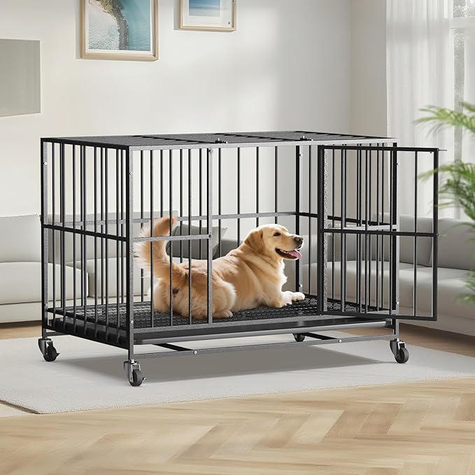 48 in Heavy Duty Dog Crate Steel Escape Proof, Indoor Double Doors and Lockable Wheels,Removable Tray, for Extra Dog Breeds,XL,XXL