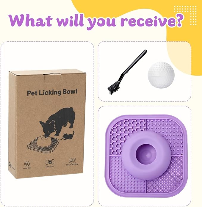 Slow Feeder Dog Bowls & Lick Mat for Liquid and Thick Treat, Anti-Slip Dog Lick Bowl with Interactive Rolling Ball, 5/6 Cup Pup Licking Toy for Large Medium Small Dogs and Cats Purple