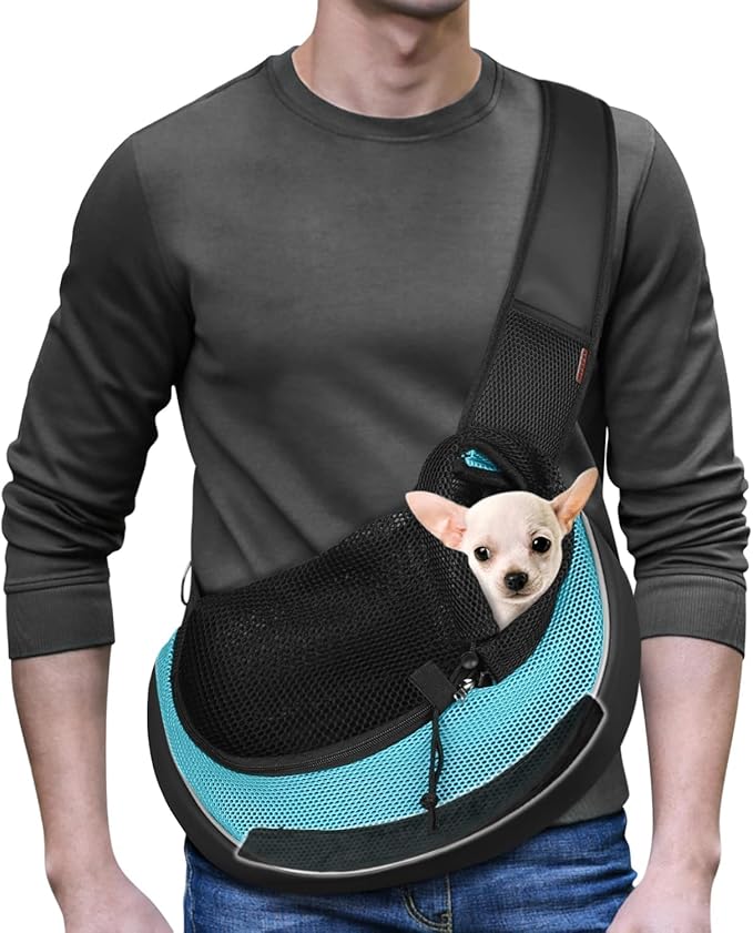 YUDODO Pet Sling Carrier for 5-9 lbs Small Dogs & Cats – Hands-Free Puppy Carrier with Safety Hook, Large Zipper Pocket, Soft Breathable Mesh, Adjustable Strap & Reflective Strip (Cyan 3.0 M)