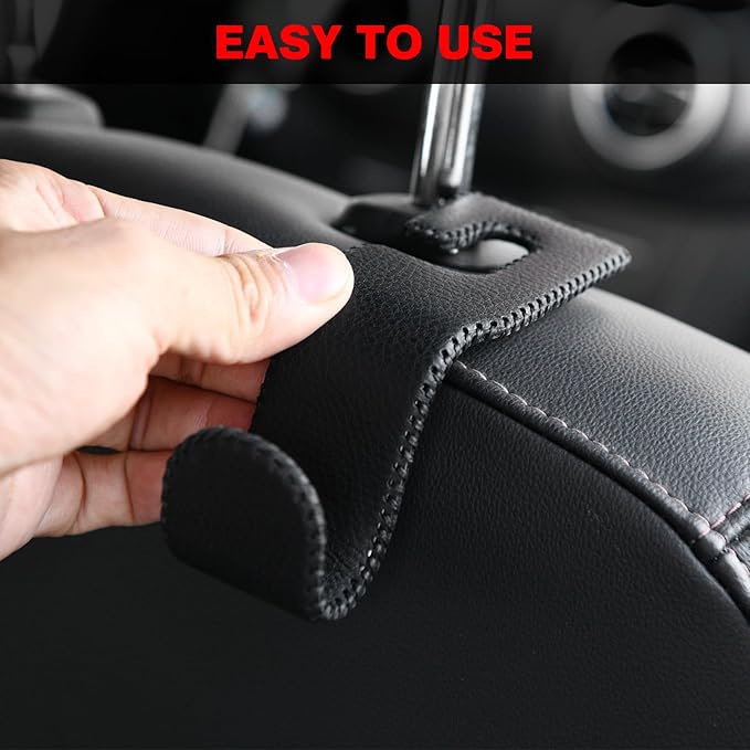 Leather-Wrapped Car Headrest Hooks & Seat Back Organizer - 2 Pack U-Shaped Car Purse Holder for Bags, Coats, Handcrafted Stitching, Flexible Car Accessories for Women (Gray)