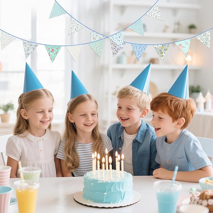 G2PLUS 39Ft Triangle Bunting Banner, 42Pcs Blue Floral Garland Pennant Banner, Reusable Cotton Triangle Flags Party Decoration for Birthday, Wedding, Garden Tea Party, Baby Shower, Room Decor