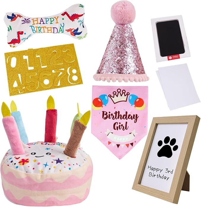 Dog Birthday Toy Set, Dog Squeaky Toys, Includes Squeaky Cake Toy, Plush Bones, Birthday Hats, Bandana, Paw Print Kit & Photo Frame. Pet Gift Supplies, Pink