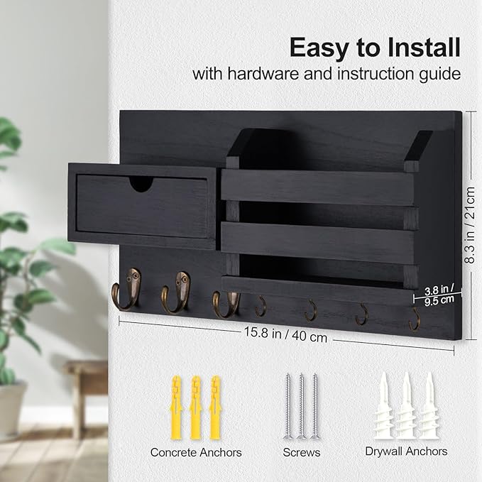 Wall Mount Key Holder with Mail Organizer, 100% Paulownia Wood, 7 Metal Hooks, Storage Drawer, Entryway Home Decor (Black)